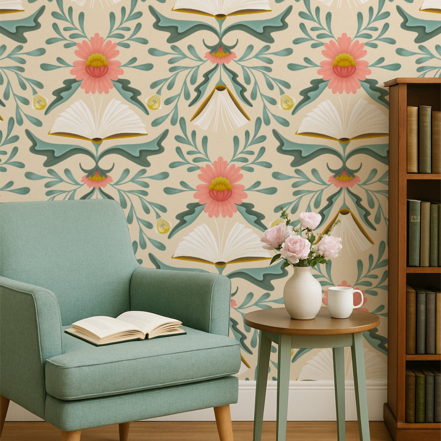 Room interior with a teal armchair, floral wallpaper, and decorative items.