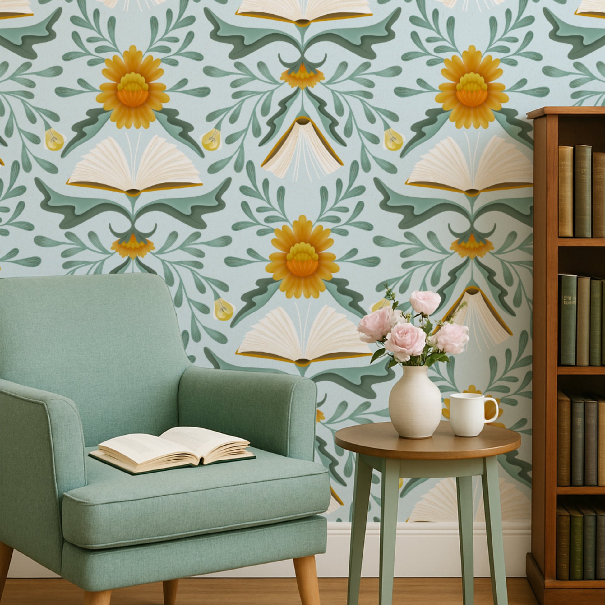 Decorative wallpaper with floral and book design, green armchair, table with flowers and books.