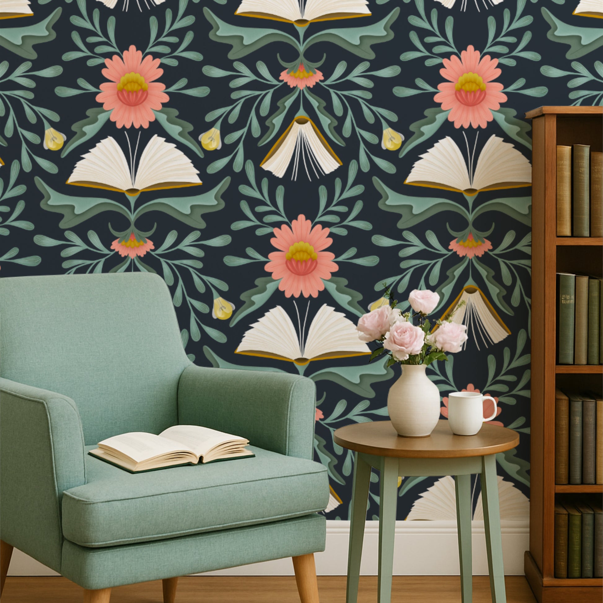 Room interior with a teal armchair, small table, and bookshelf against a floral wallpaper.