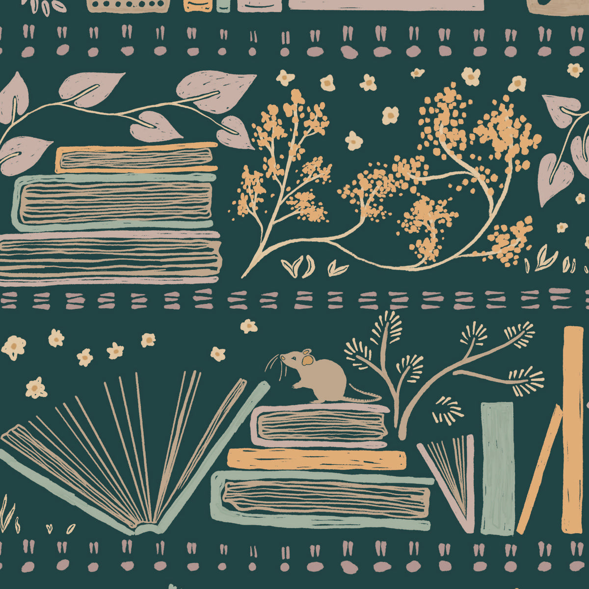 A repeating illustrated pattern on a dark teal background featuring stacked books, an open book, floral branches, leaves, small flowers, and a mouse sitting on a stack of books.