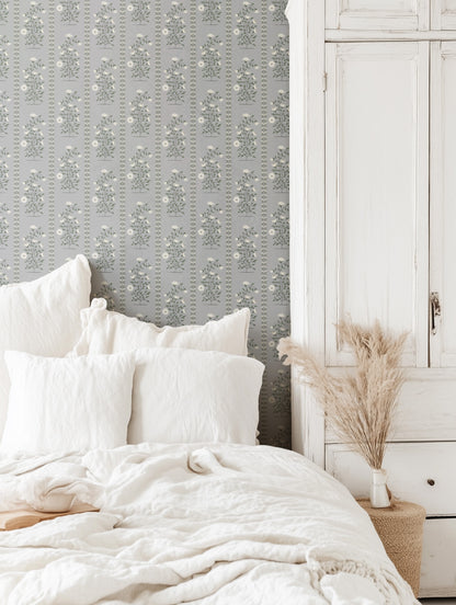 Boteh Paisley Stripe Gray peel and stick wallpaper room mockup