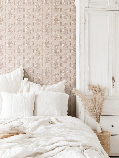 Boteh Paisley Stripe Beige peel and stick wallpaper room mockup