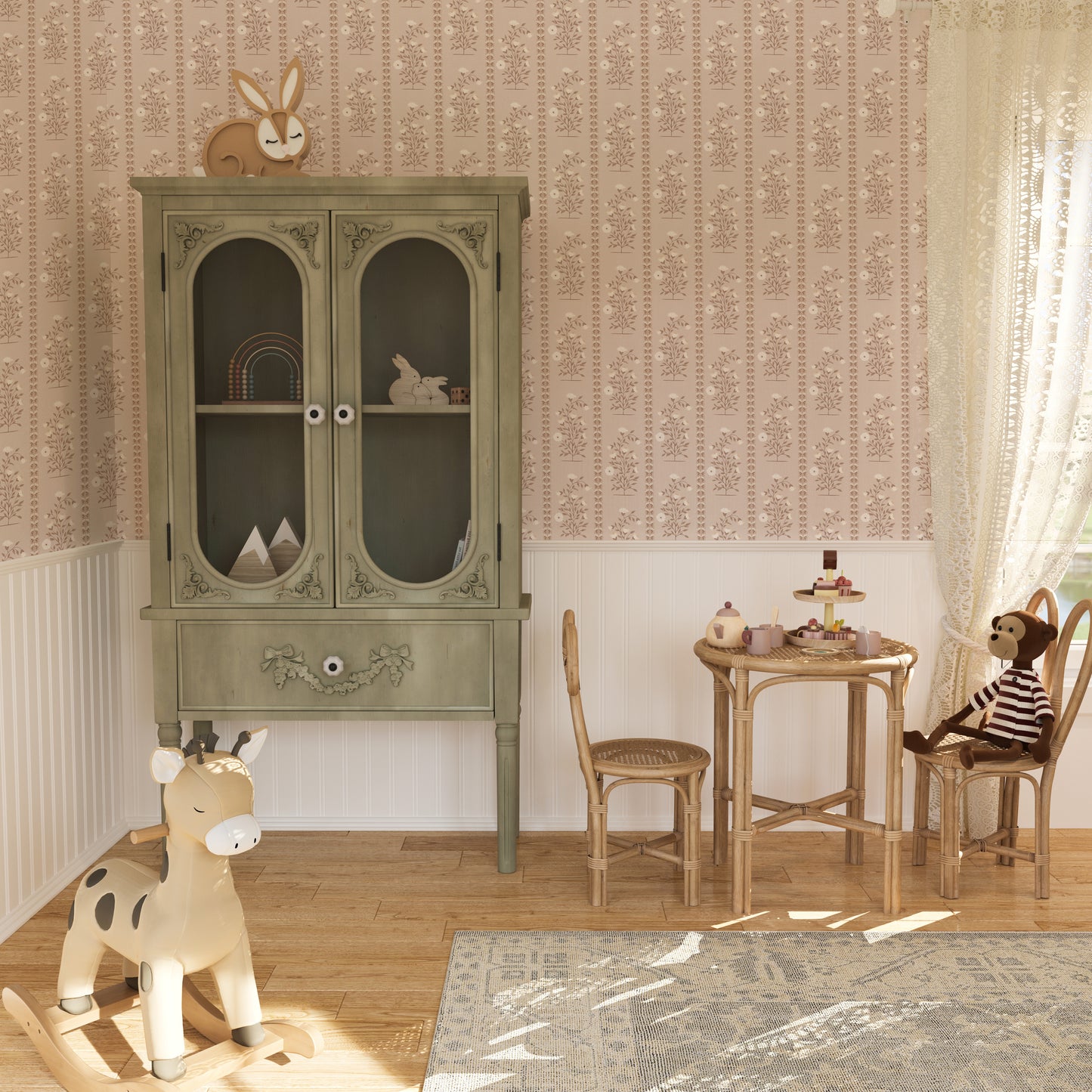 Boteh Paisley Stripe Beige peel and stick wallpaper room mockup