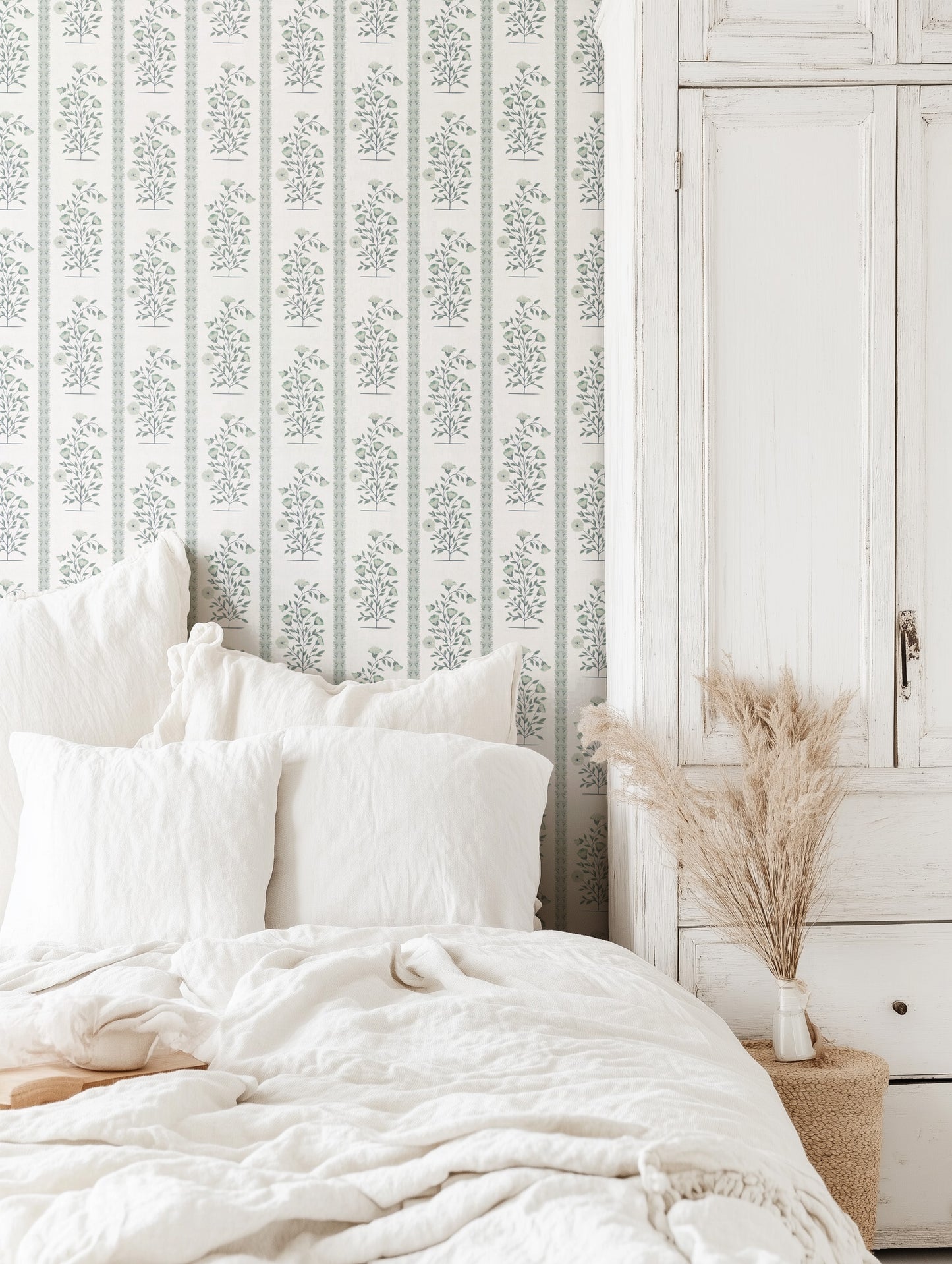 Boteh Paisley Stripe White peel and stick wallpaper room mockup