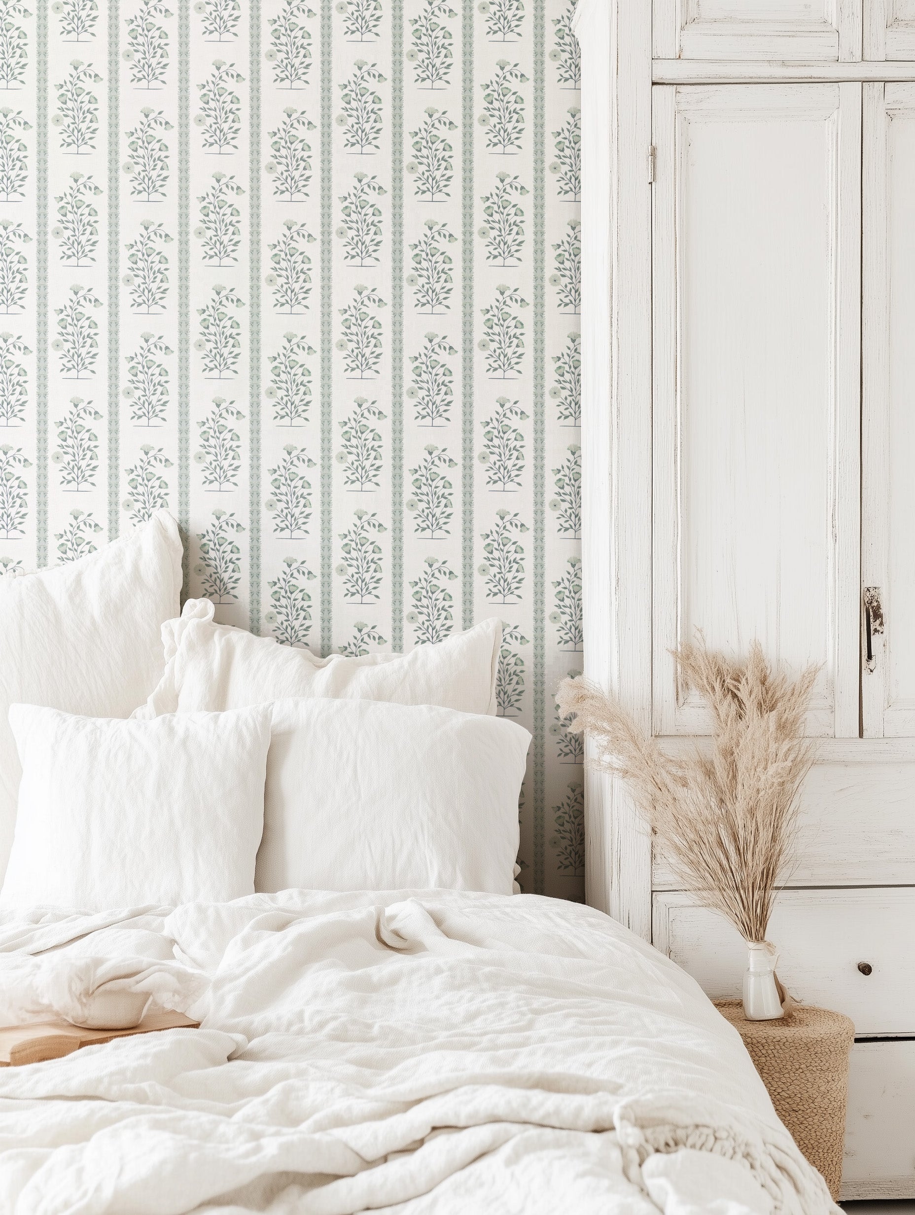 Boteh Paisley Stripe White peel and stick wallpaper room mockup