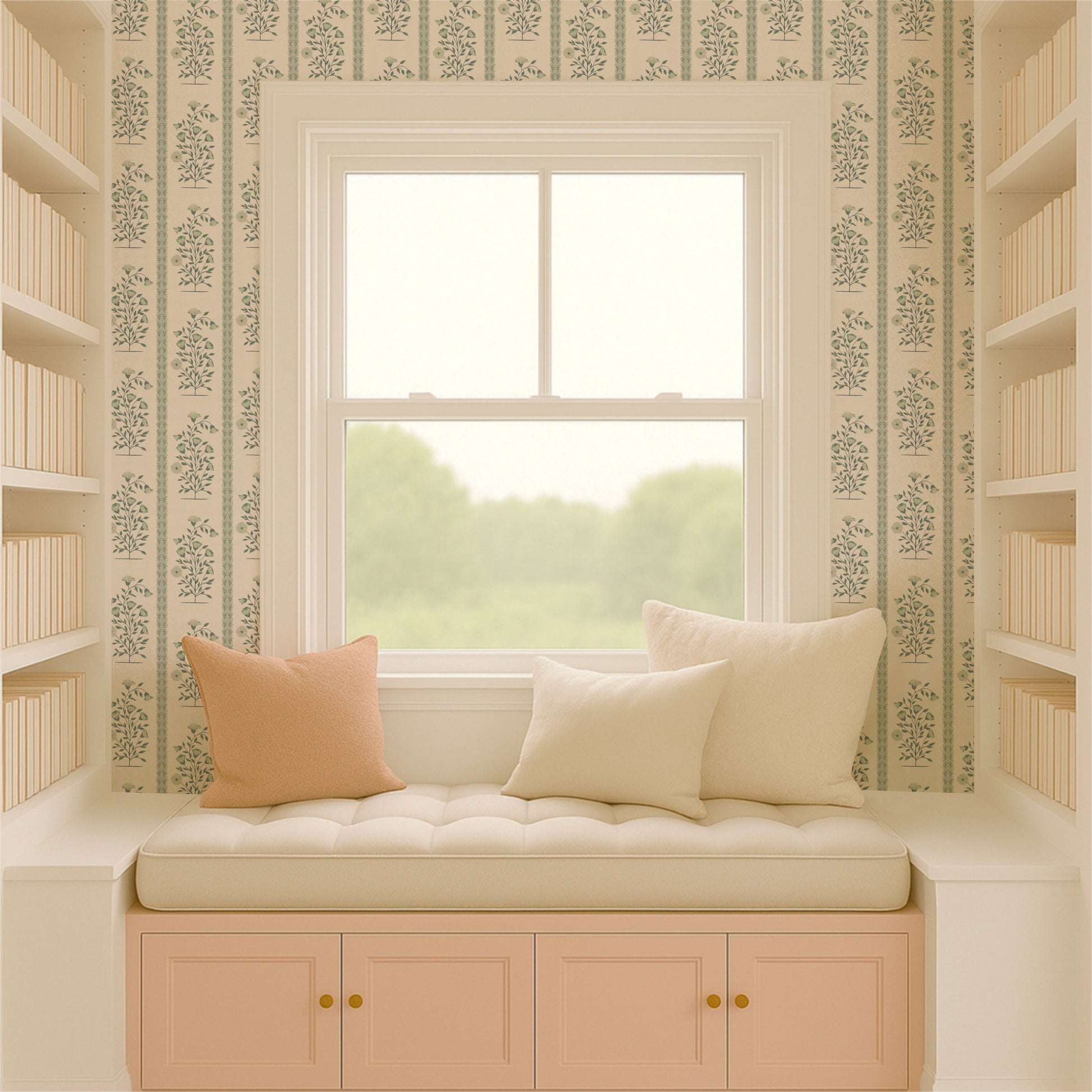 Boteh Paisley Stripe Mocha peel and stick wallpaper room mockup