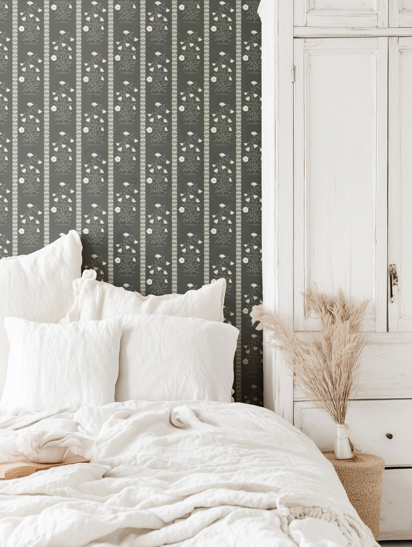 Boteh Paisley Stripe Mocha peel and stick wallpaper room mockup