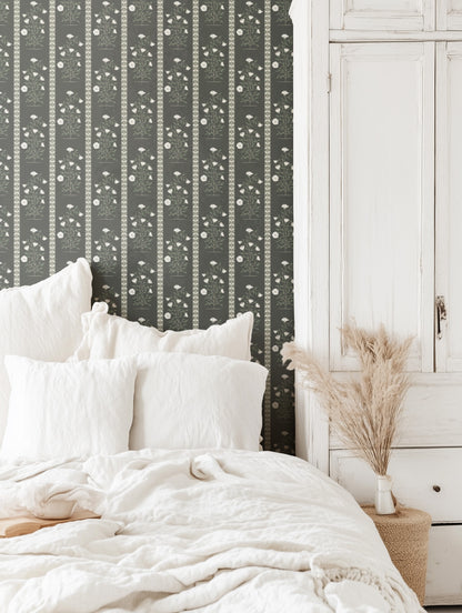 Boteh Paisley Stripe Mocha peel and stick wallpaper room mockup