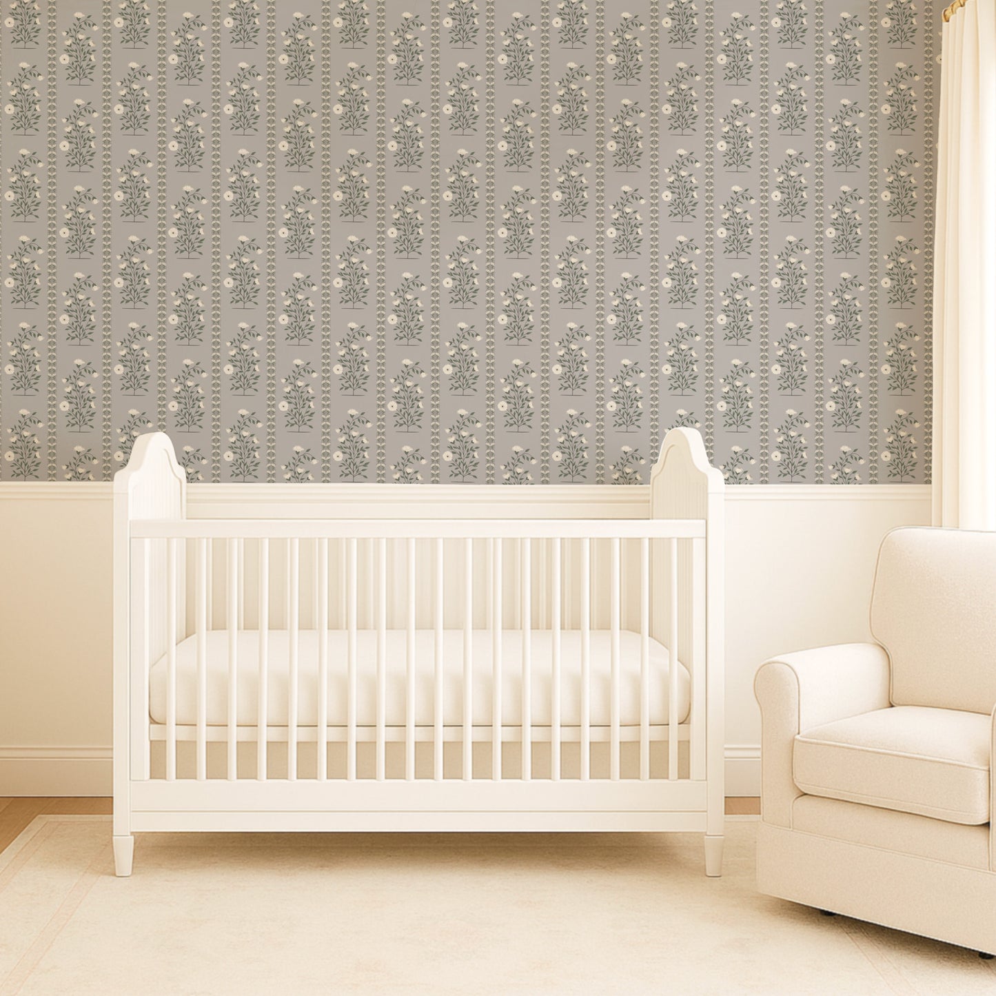 Boteh Paisley Stripe Gray peel and stick wallpaper room mockup