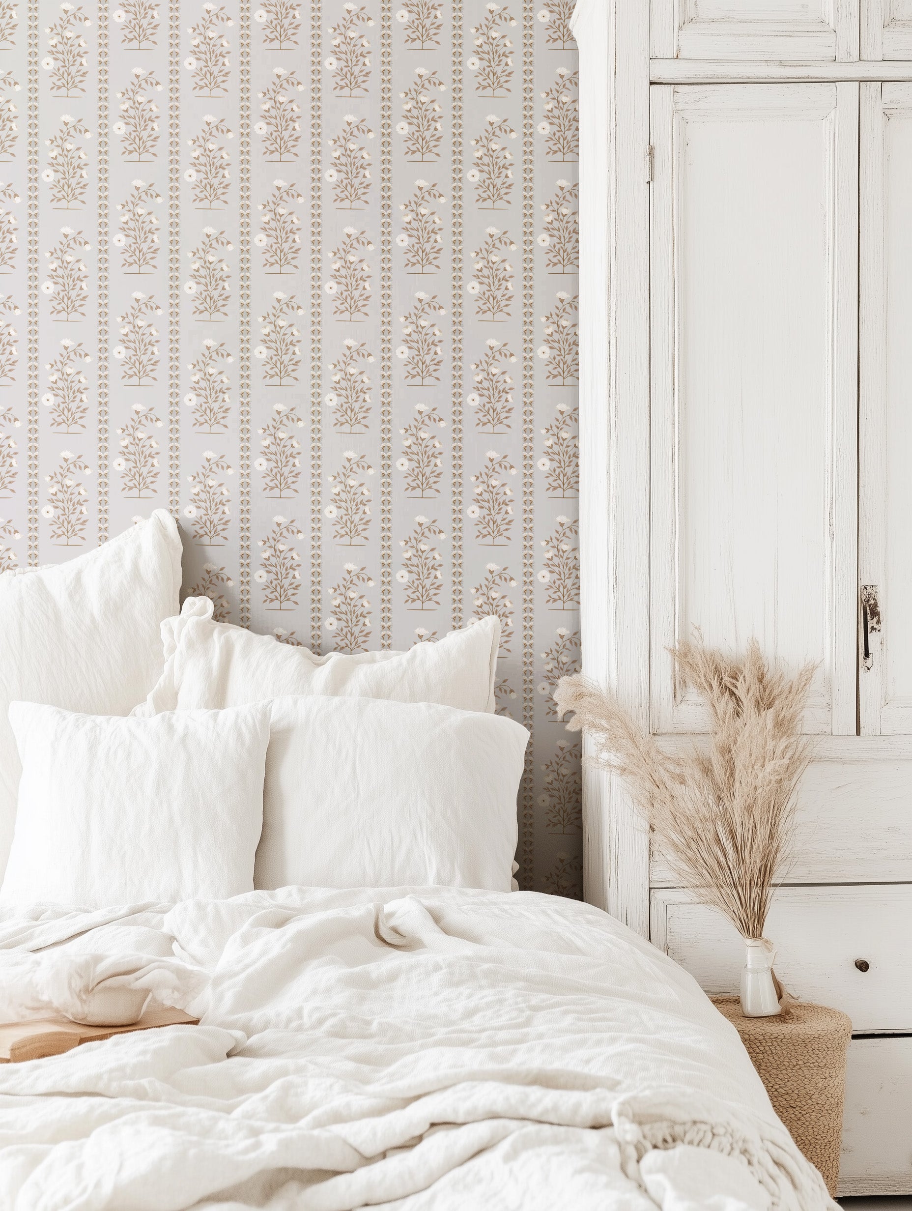 Boteh Paisley Stripe Charcoal peel and stick wallpaper room mockup