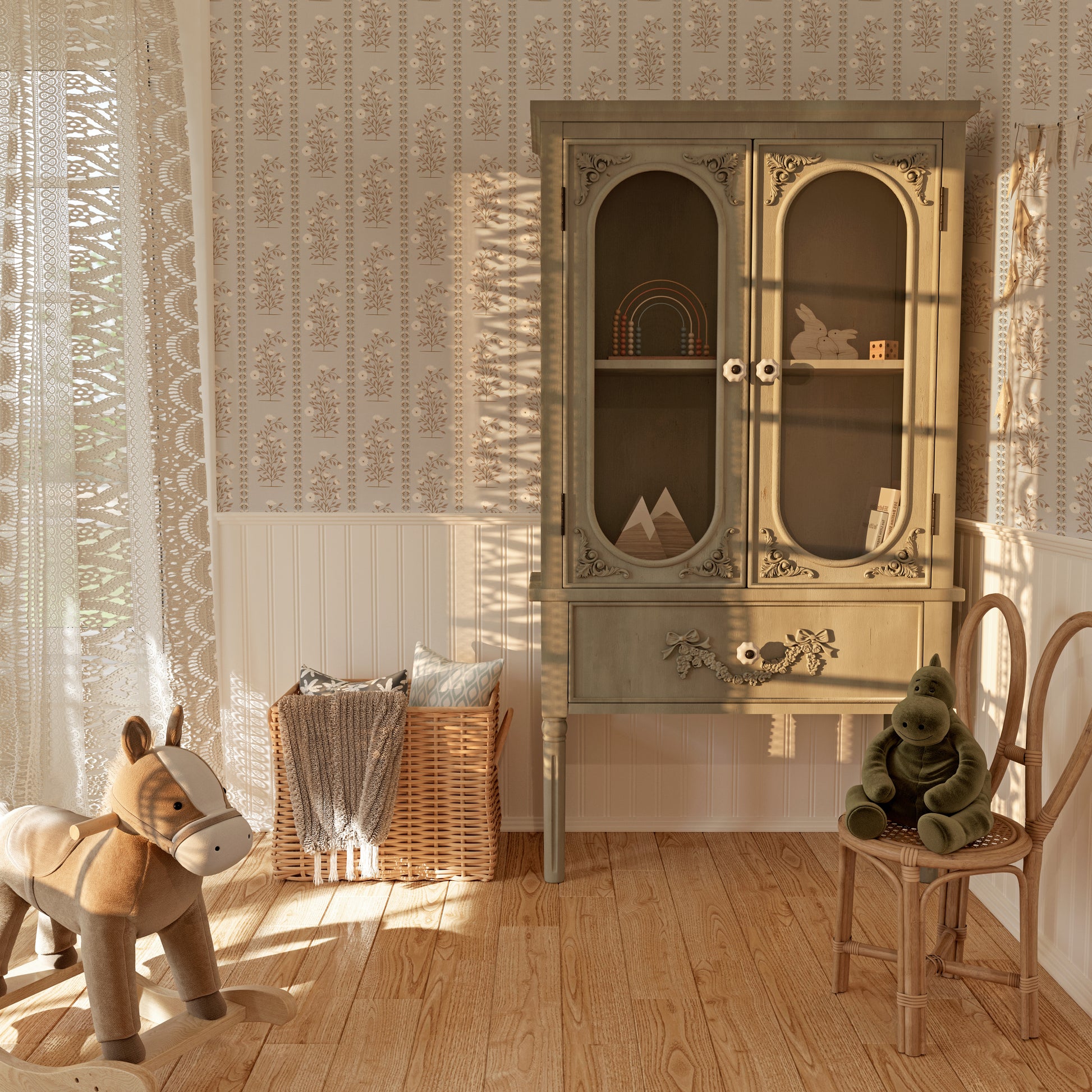 Boteh Paisley Stripe Warm Beige peel and stick wallpaper room mockup