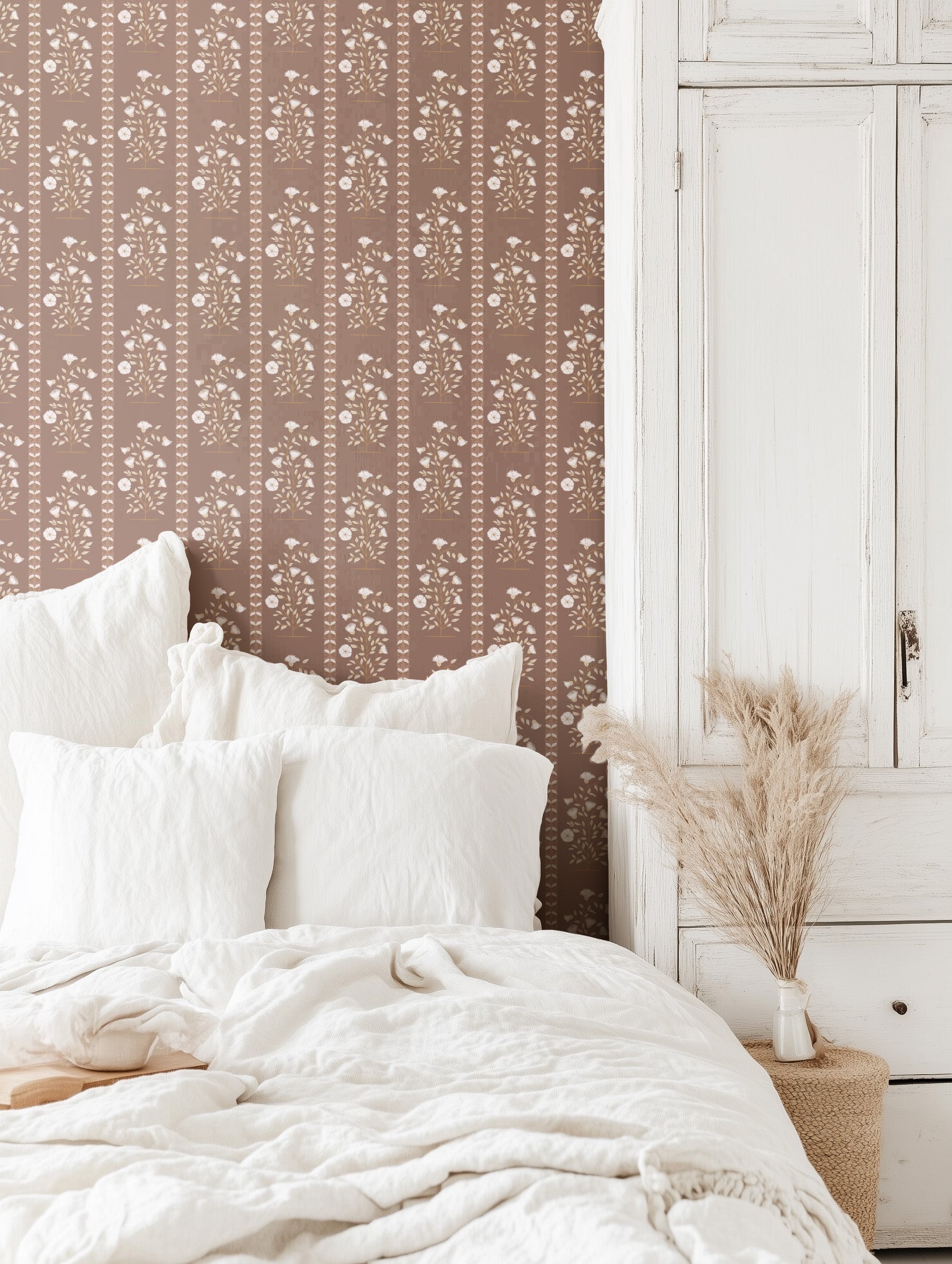 Boteh Paisley Stripe Mocha peel and stick wallpaper room mockup