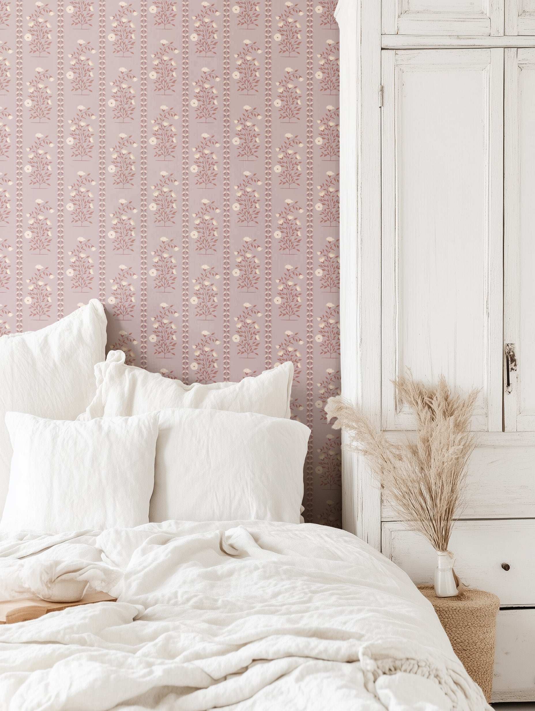 Boteh Paisley Stripe Rouge peel and stick wallpaper room mockup