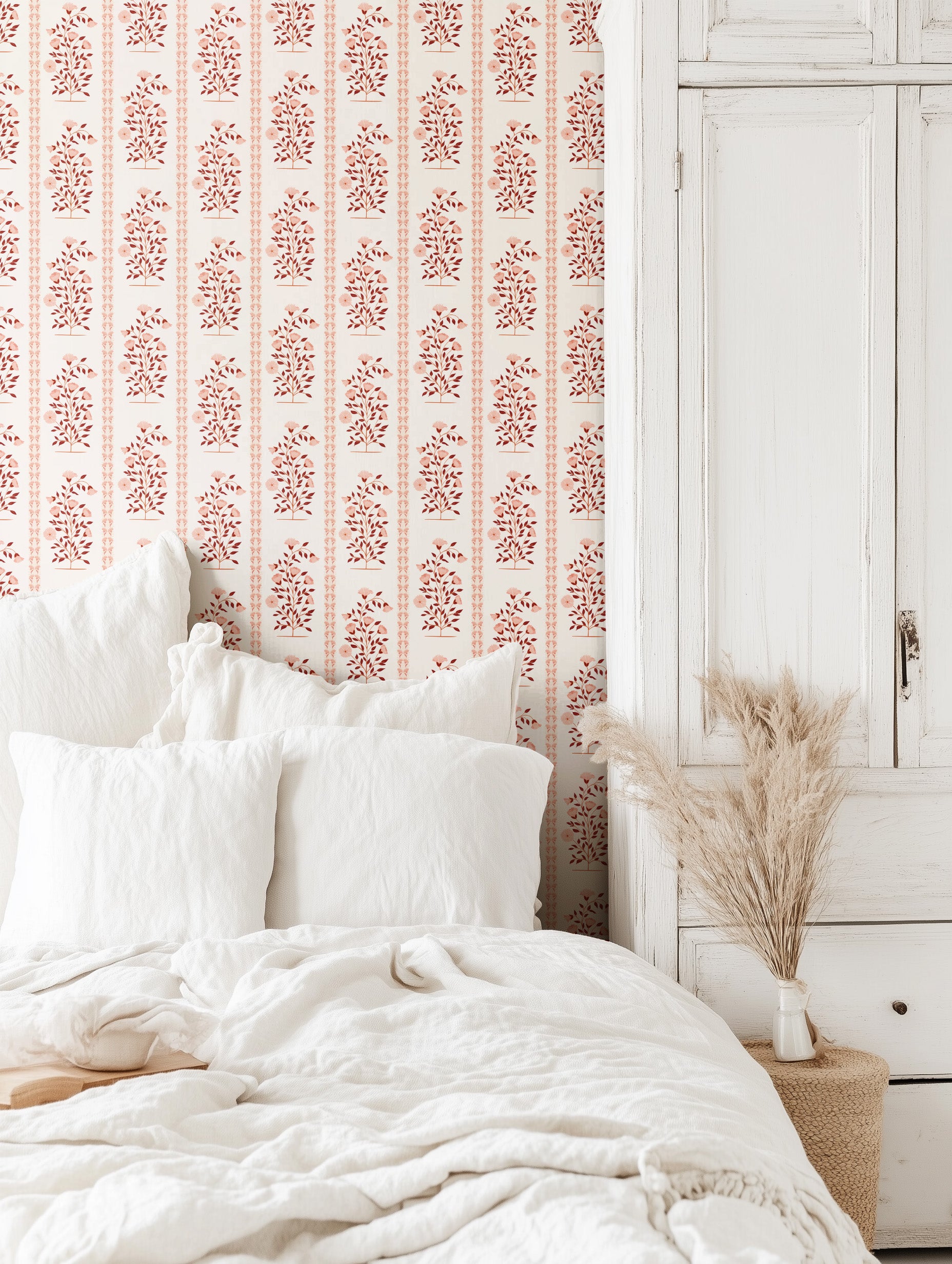 Boteh Paisley Stripe Rouge peel and stick wallpaper room mockup