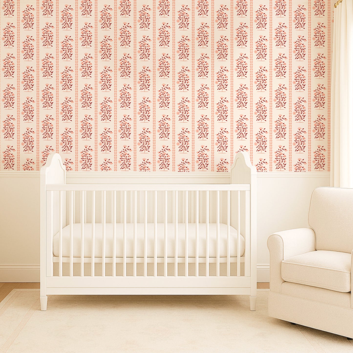 Boteh Paisley Stripe Terracotta Rose peel and stick wallpaper room mockup