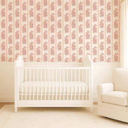Boteh Paisley Stripe Terracotta Rose peel and stick wallpaper room mockup