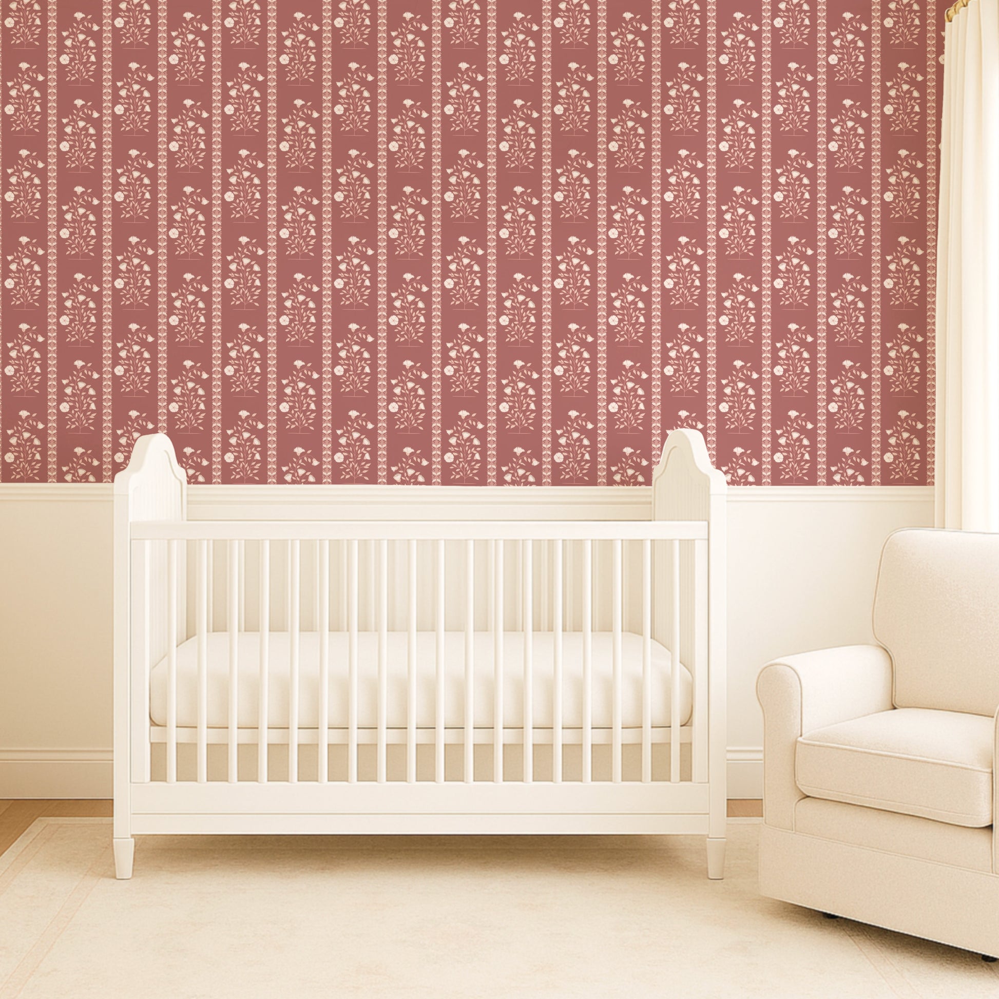 Boteh Paisley Stripe Terracotta Rose peel and stick wallpaper room mockup