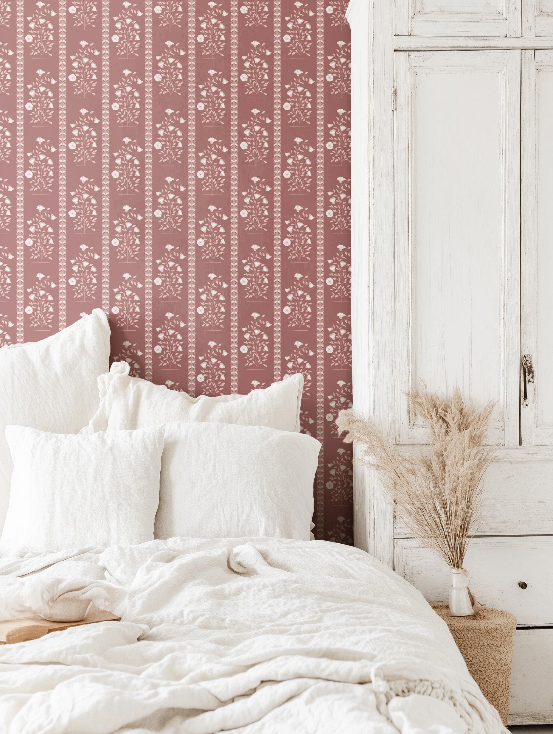 Boteh Paisley Stripe Light Gray peel and stick wallpaper room mockup