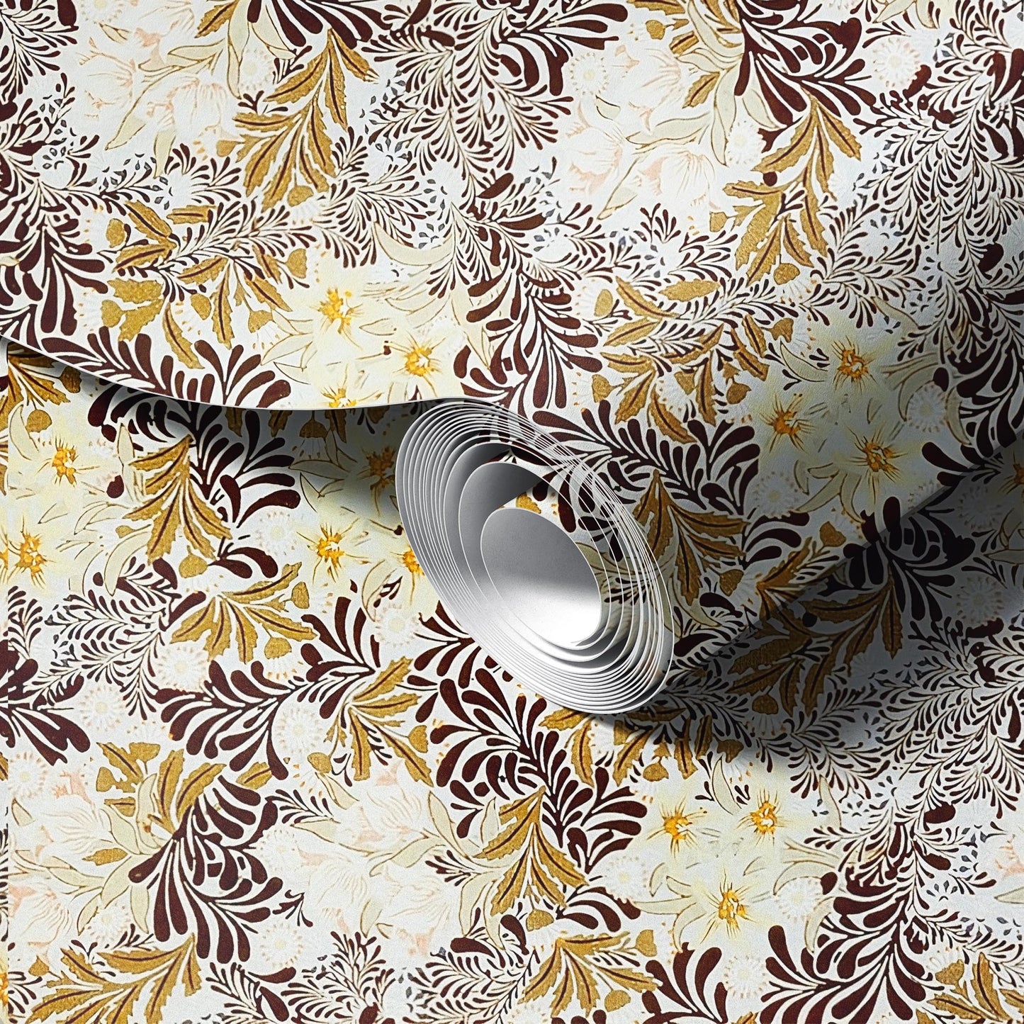 Roll of floral-patterned fabric with brown, yellow, and white colors on a matching fabric background.