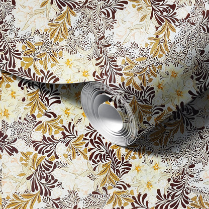 Roll of floral-patterned fabric with brown, yellow, and white colors on a matching fabric background.