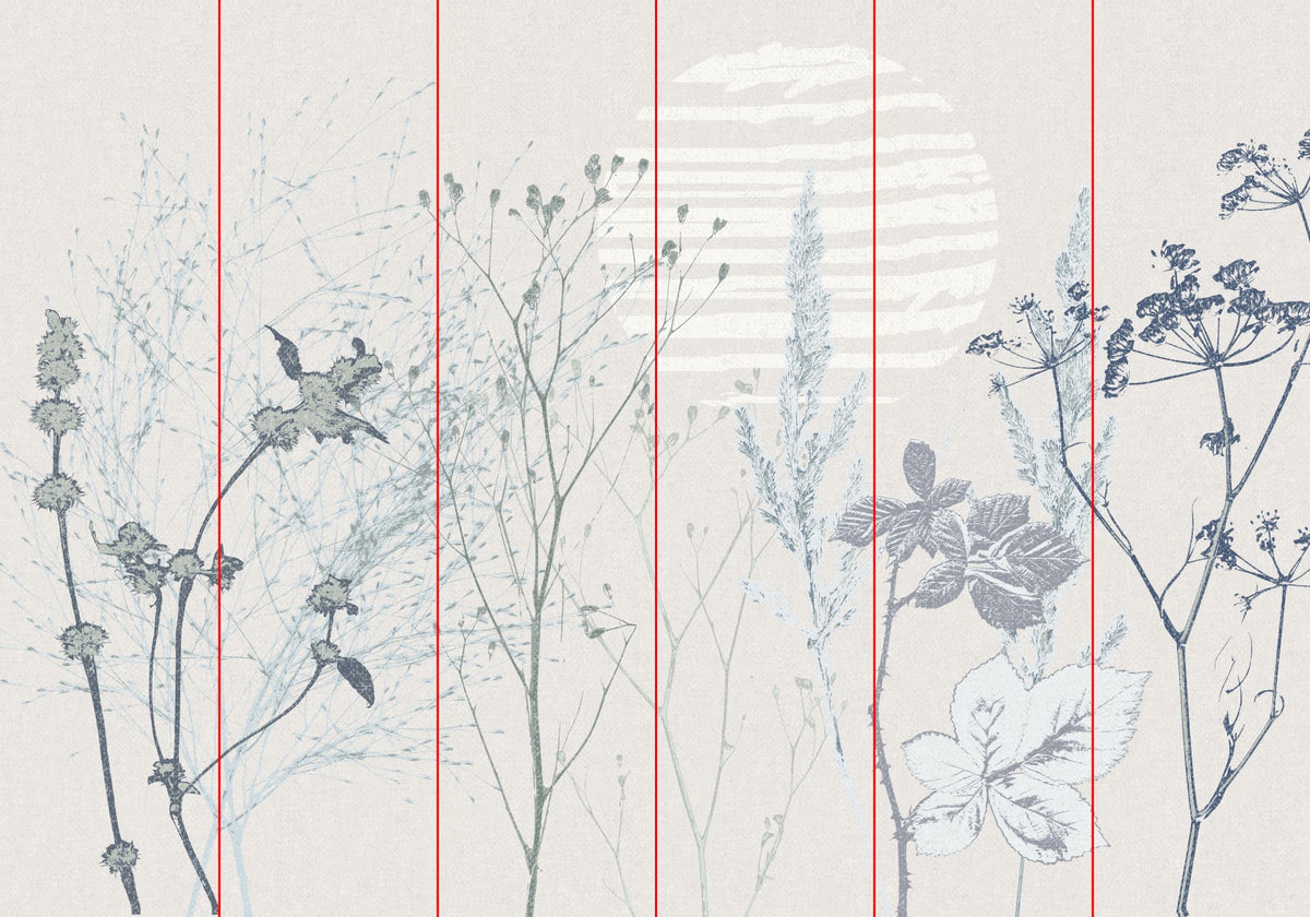 A botanical pattern wallpaper design featuring delicate blue and gray illustrations of wildflowers, grasses, and leaves on a warm off-white background, divided by thin red vertical lines.