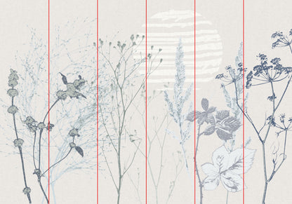 A botanical pattern wallpaper design featuring delicate blue and gray illustrations of wildflowers, grasses, and leaves on a warm off-white background, divided by thin red vertical lines.