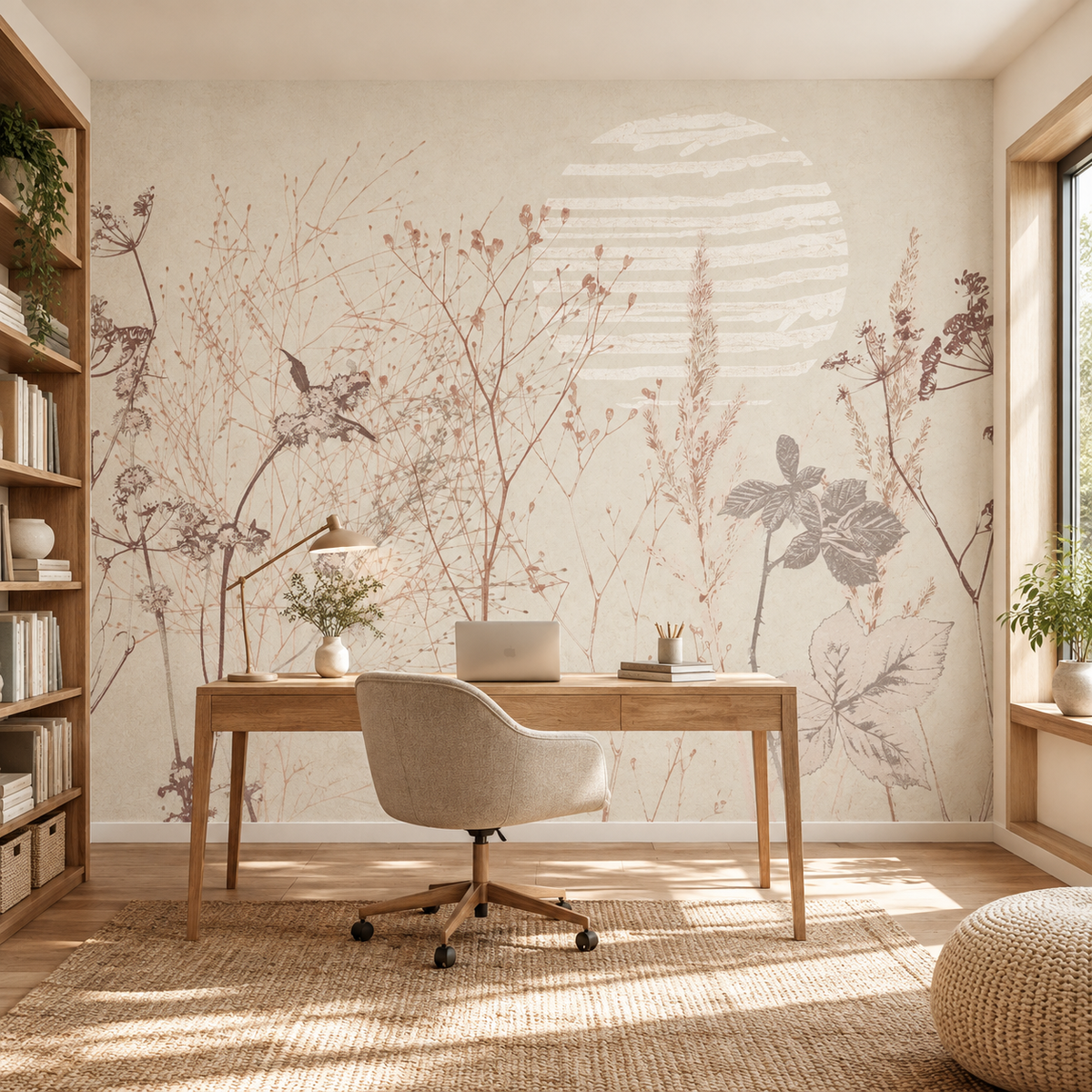 A styled home office featuring a large botanical wall mural with delicate brown and muted pink plant illustrations on a warm cream background. In front of the wall is a light wood desk with a beige upholstered office chair, a desk lamp, a laptop, and small decorative items.