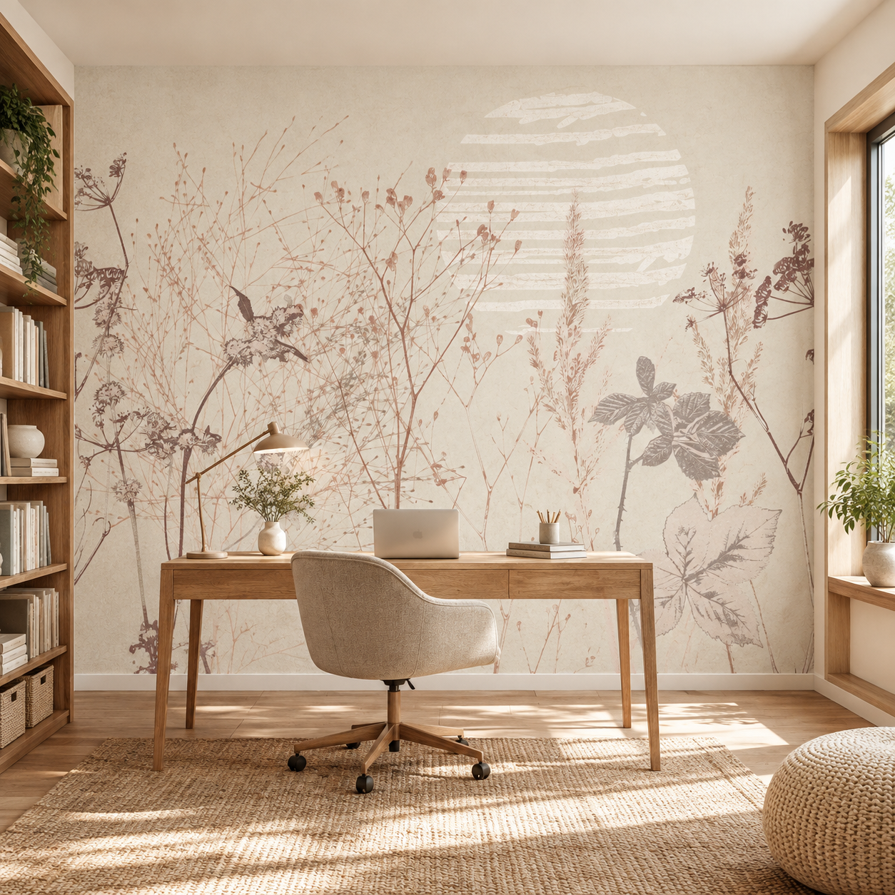 A styled home office featuring a large botanical wall mural with delicate brown and muted pink plant illustrations on a warm cream background. In front of the wall is a light wood desk with a beige upholstered office chair, a desk lamp, a laptop, and small decorative items.