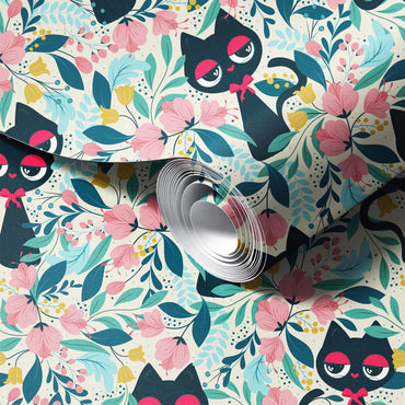 Cat in the Garden peel and stick wallpaper room mockup
