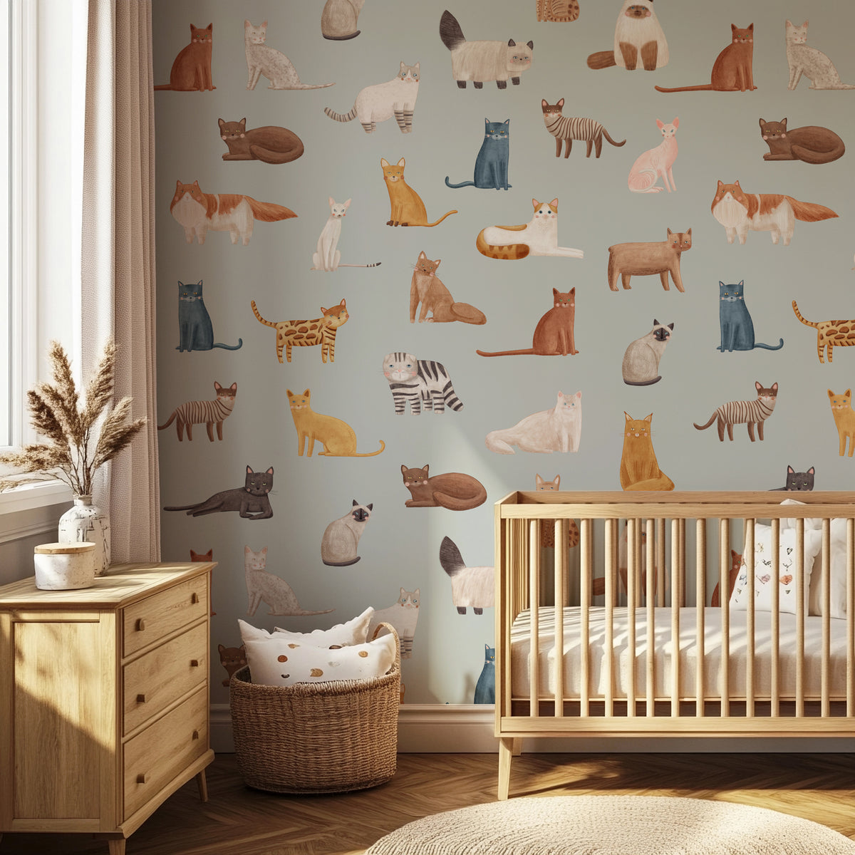 Gray Cat Breeds peel and stick wallpaper styled in a nursery