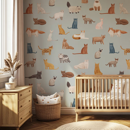 Gray Cat Breeds peel and stick wallpaper styled in a nursery