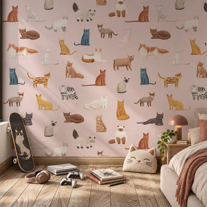 Pink Cat Breeds peel and stick wallpaper in a nursery