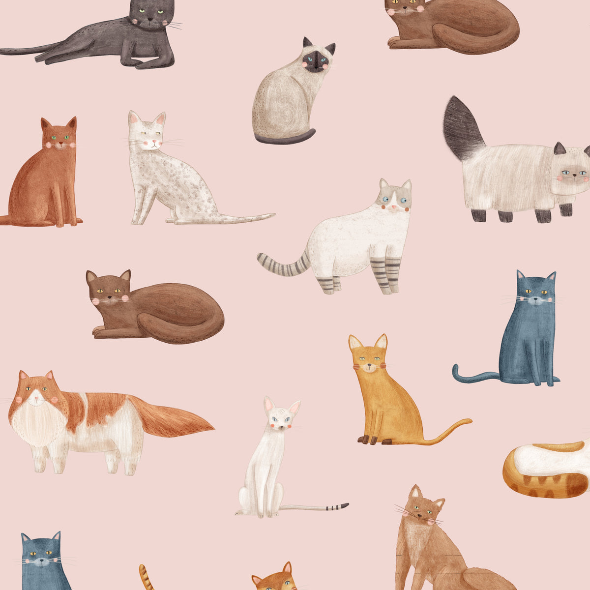 Pink Cat Breeds wallpaper pattern with watercolor-style cats