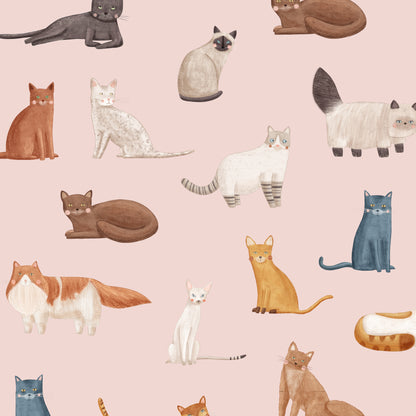 Pink Cat Breeds wallpaper pattern with watercolor-style cats