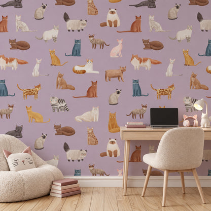 Purple Cat Breeds peel and stick wallpaper styled in a nursery