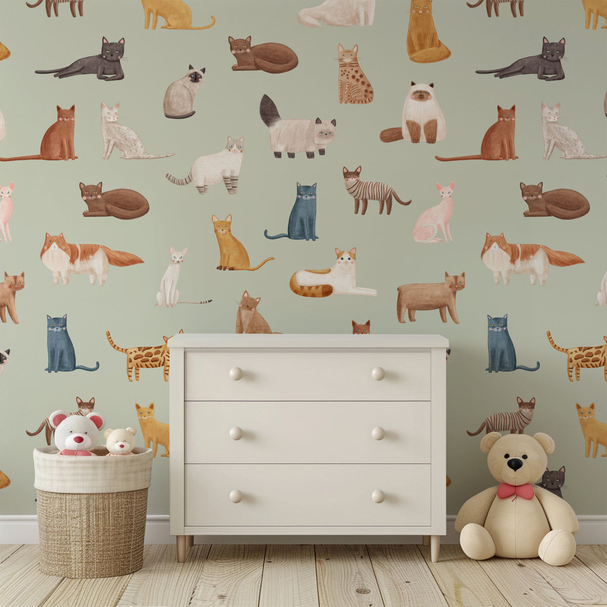 Sage Cat Breeds wallpaper styled with natural wood nursery furniture