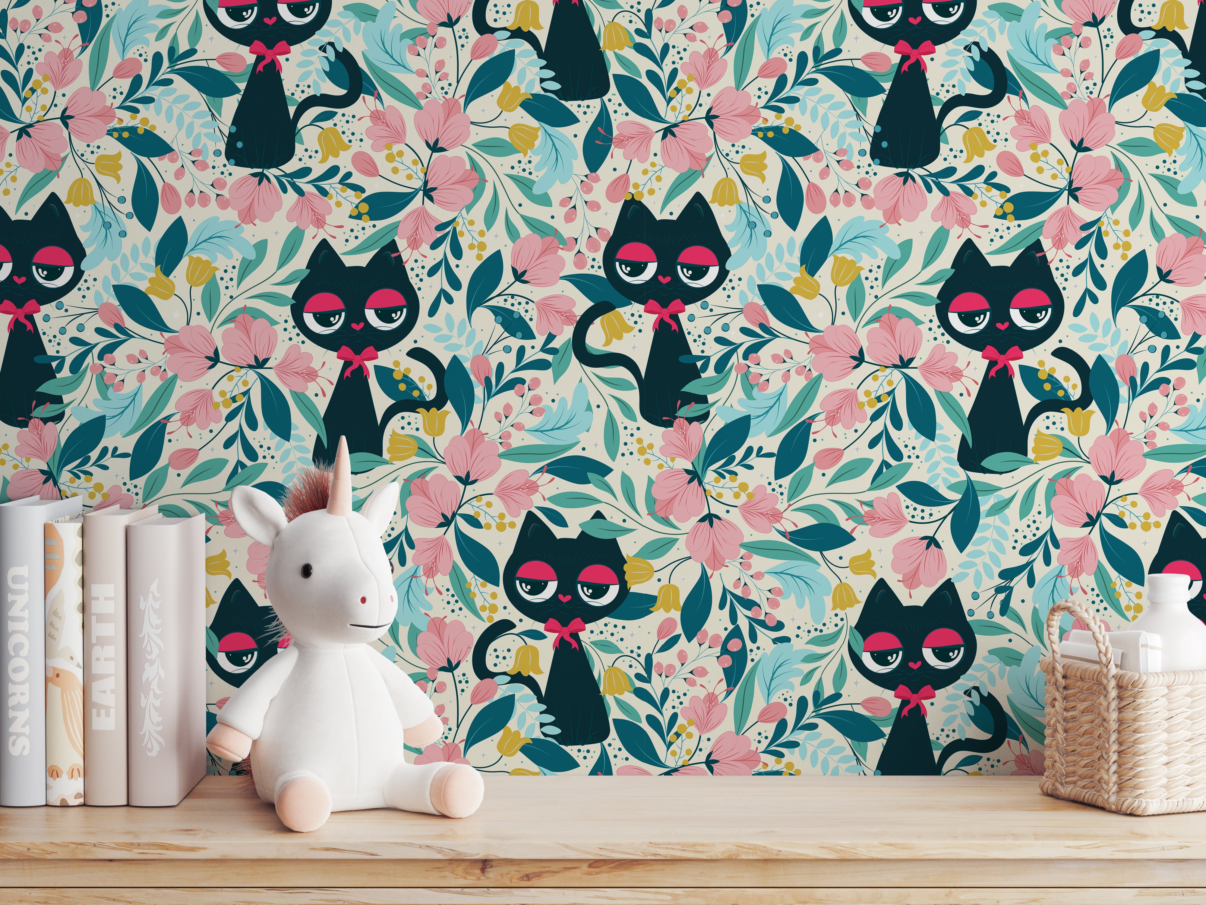 Cat in the Garden peel and stick wallpaper room mockup