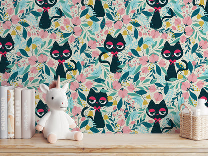 Cat in the Garden peel and stick wallpaper room mockup