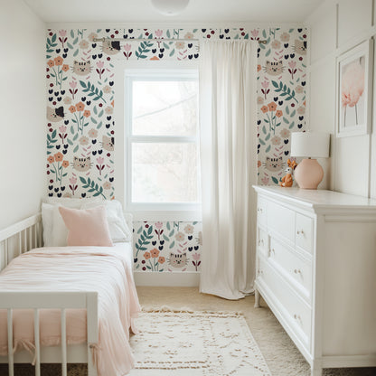 Cats and Plants peel and stick wallpaper room mockup
