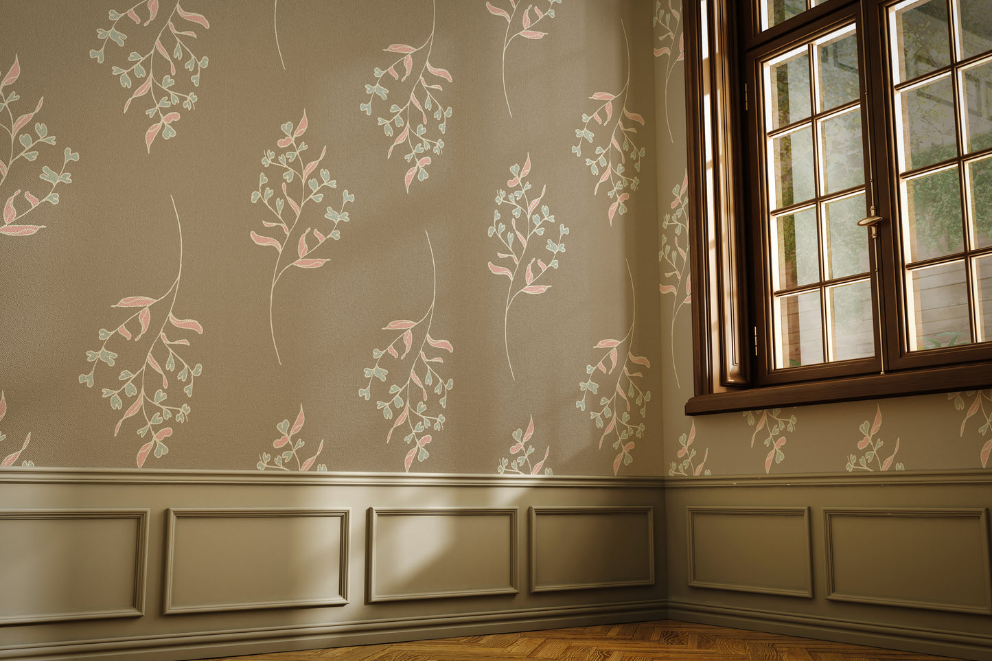 Charlotte in Tan Peel and Stick Wallpaper Sample - Floral, Leaves