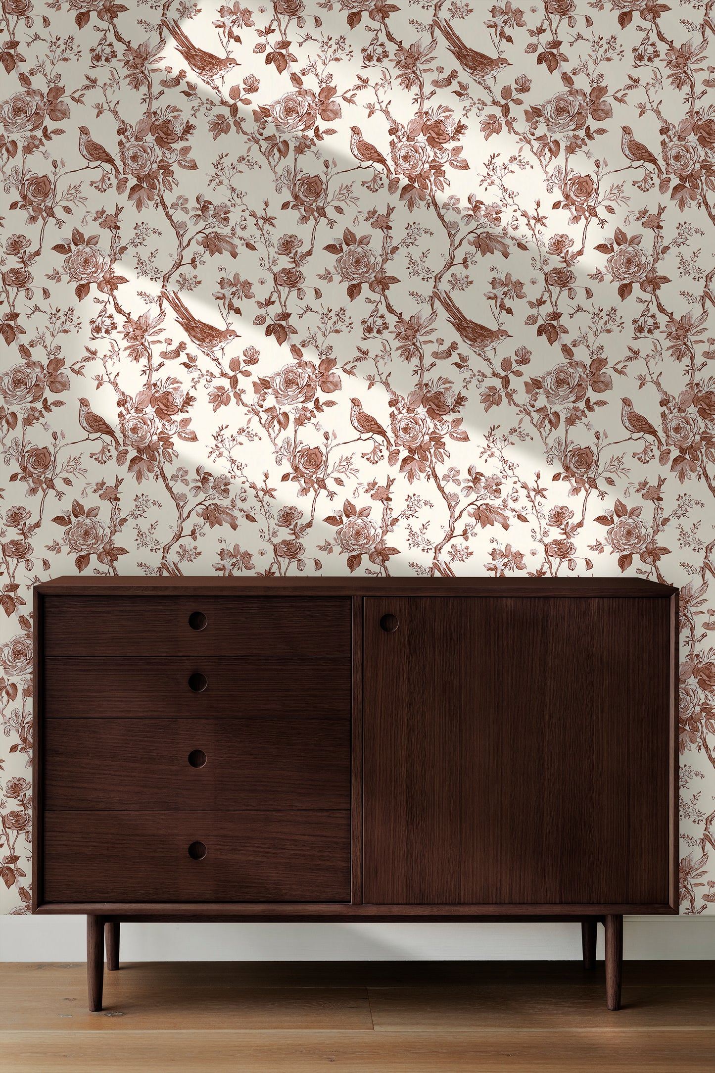 Chinoiserie Rose Garden with Birds Peel and Stick Wallpaper