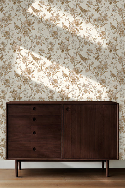 Chinoiserie Rose Garden with Birds Peel and Stick Wallpaper