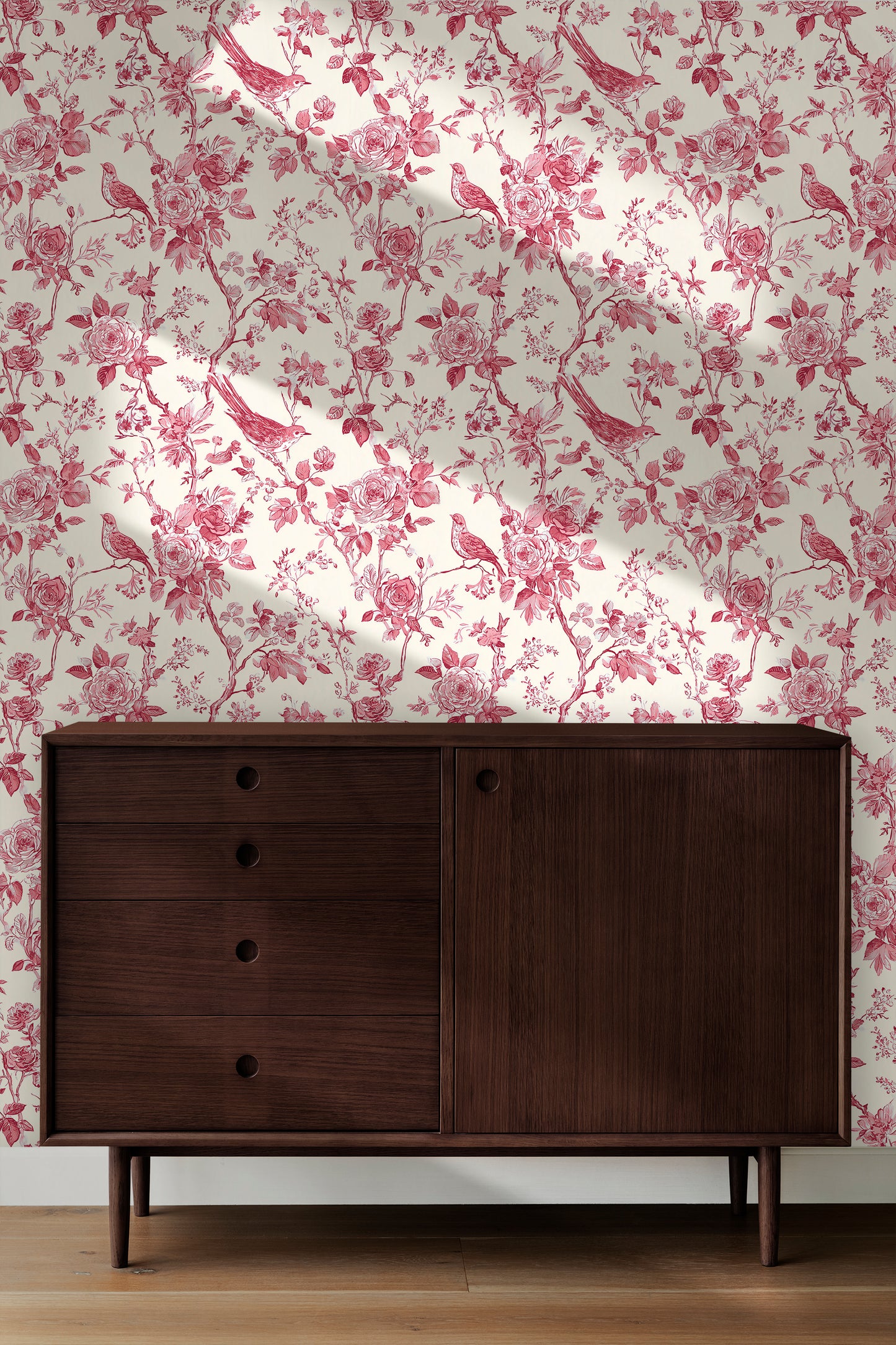 Chinoiserie Rose Garden with Birds Peel and Stick Wallpaper