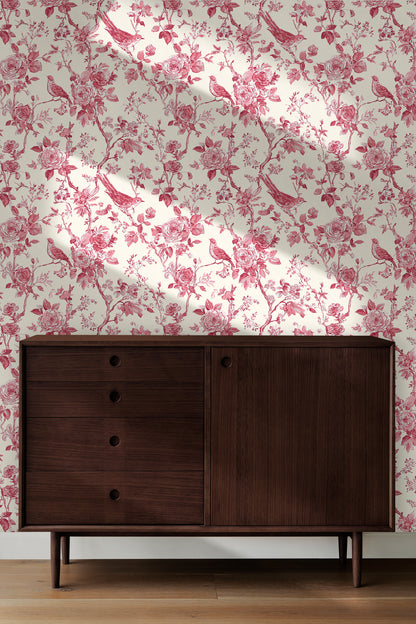 Chinoiserie Rose Garden with Birds Peel and Stick Wallpaper