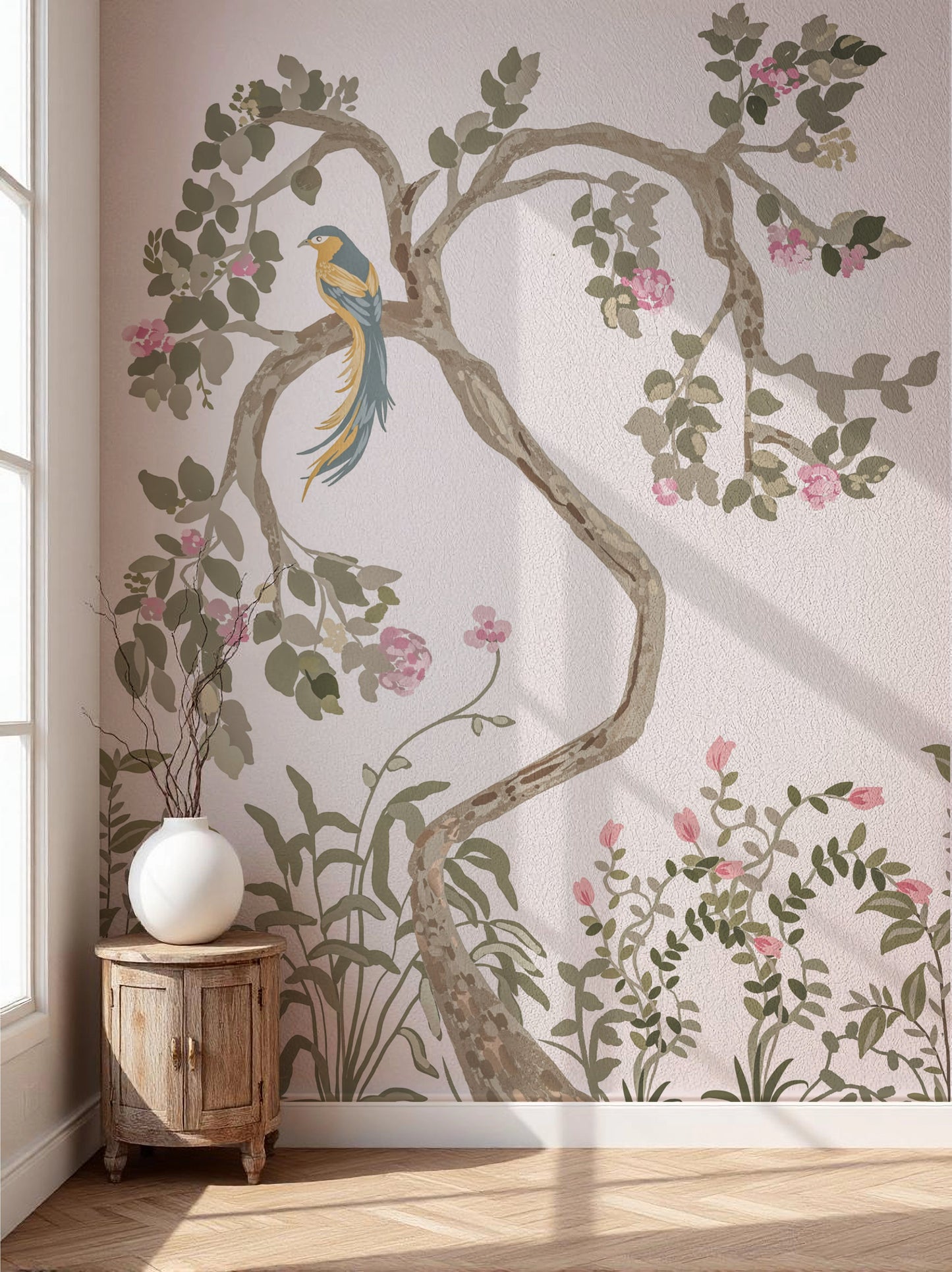 Chinoiserie Garden Mural Peel and Stick Pink peel and stick wallpaper room mockup