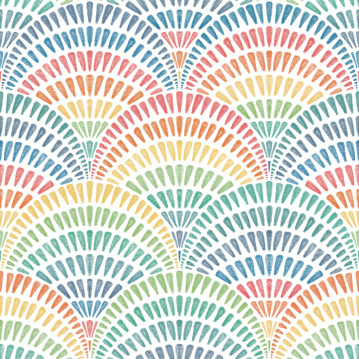 A repeating watercolor-style fan or scallop pattern in pastel blue, teal, green, yellow, orange, and pink on a white background.