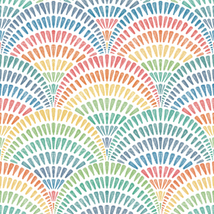 A repeating watercolor-style fan or scallop pattern in pastel blue, teal, green, yellow, orange, and pink on a white background.