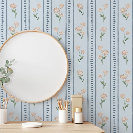 Chrysanthemum Floral Stripe Wallpaper