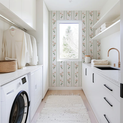 Chrysanthemum Floral Stripe Wallpaper