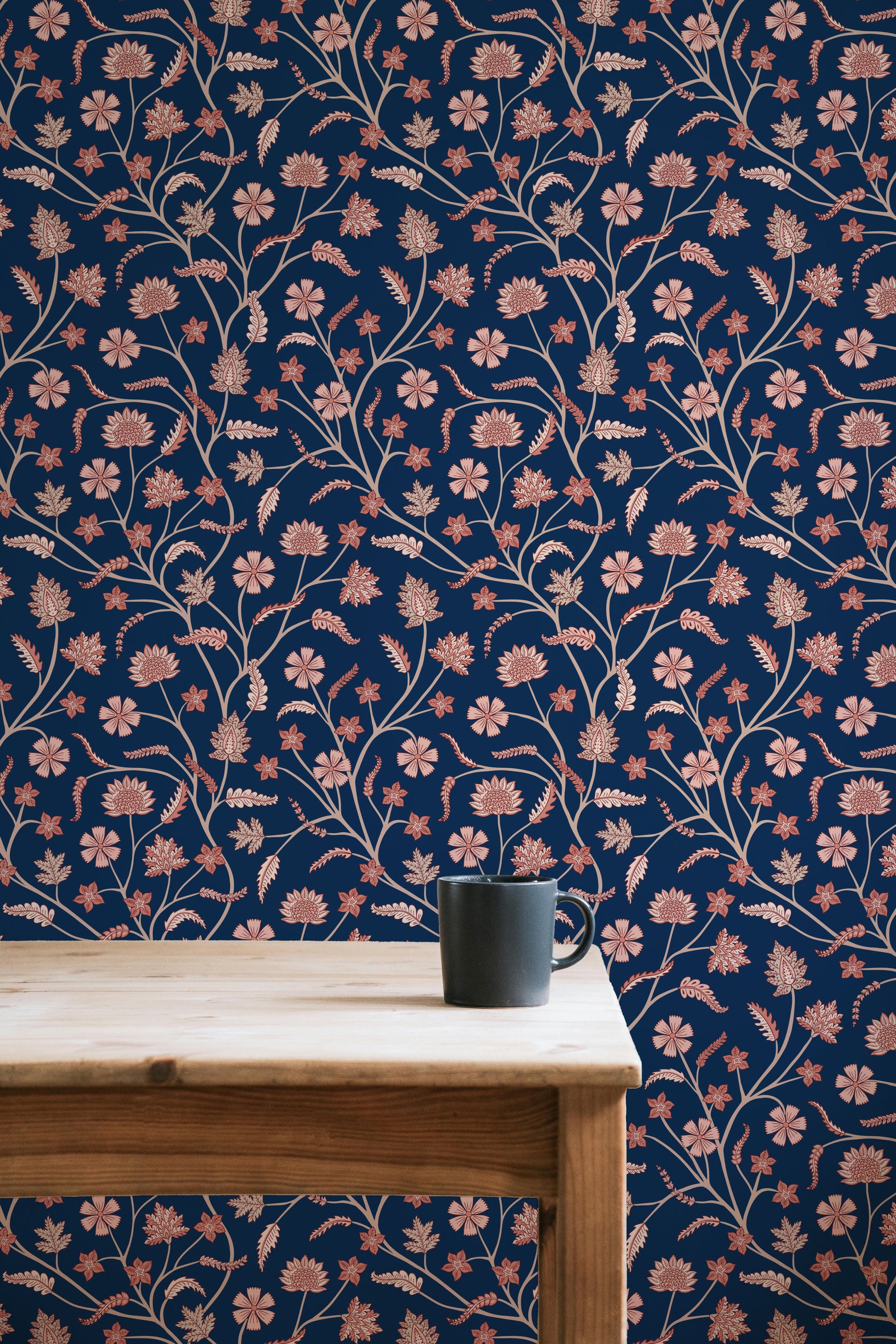 Classic Indian Trailing Floral Chintz Blue peel and stick wallpaper room mockup